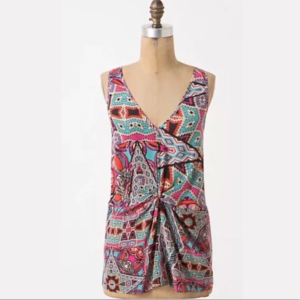 Anthro LEIFNOTES Glass Tile Blouse 100% Silk Top Shirt Sleeveless colorful geo
